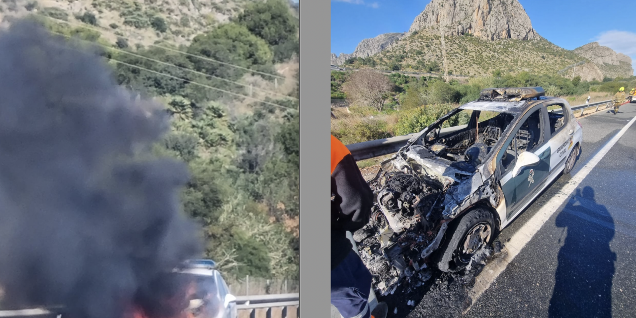Ein Fahrzeug der Guarda Civil geht während der Fahrt in Flammen auf