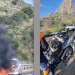 Ein Fahrzeug der Guarda Civil geht während der Fahrt in Flammen auf