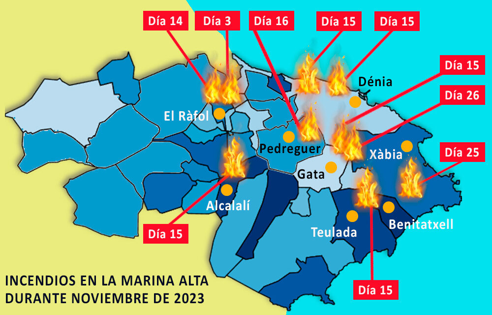 Die Karte mit den 10 Bränden, die in der Marina Alta in weniger als einem Monat verzeichnet wurden